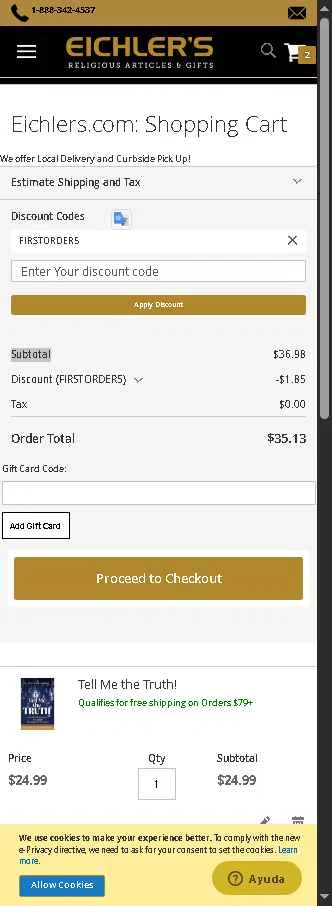 Eichler's.com checkout page showing Eichler's.com discount code box | Screenshot taken by SimplyCodes community member on Sep 1, 2025