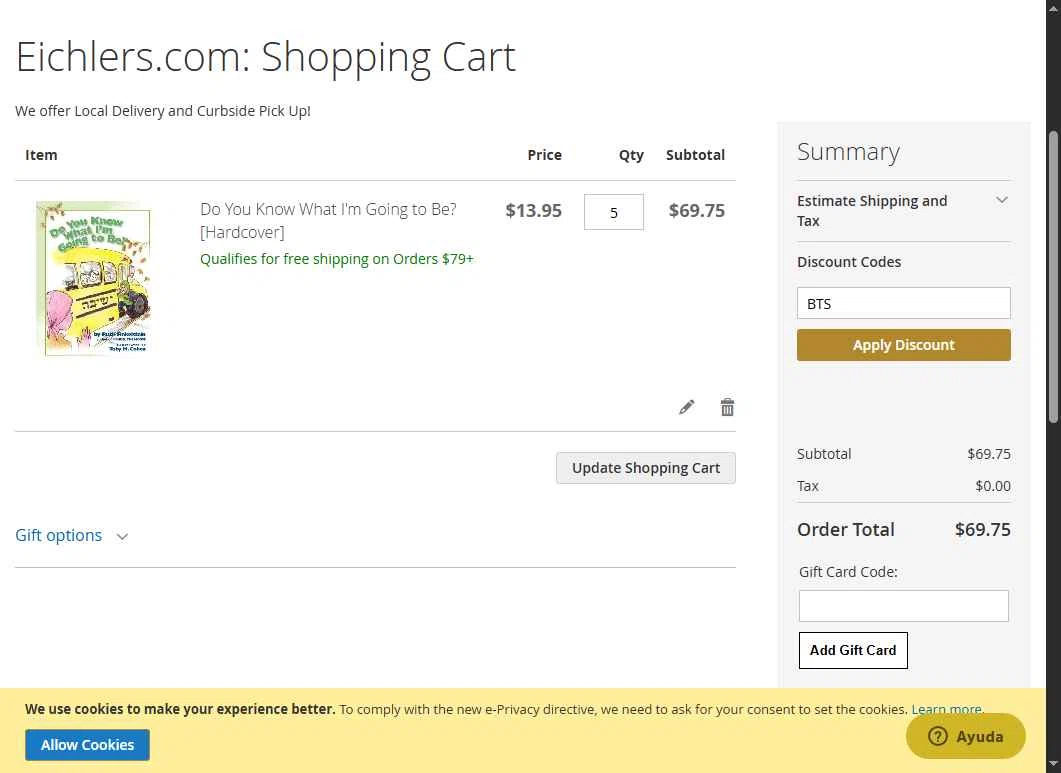 Eichler's.com checkout page showing Eichler's.com discount code box | Screenshot taken by SimplyCodes community member on Sep 11, 2025