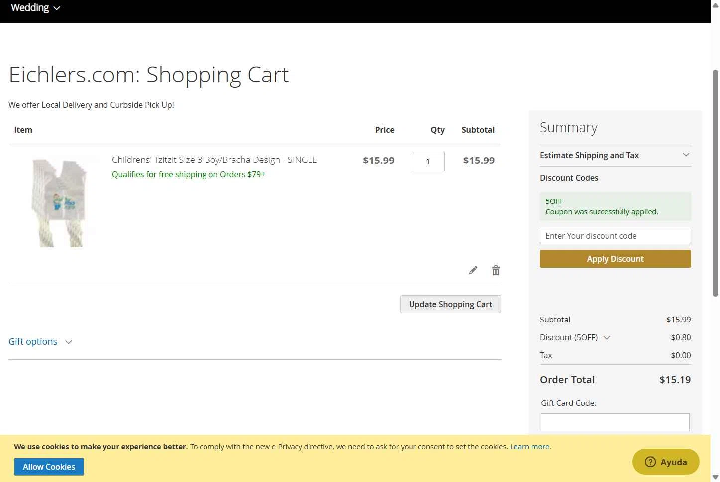 Eichler's.com checkout page showing Eichler's.com discount code box | Screenshot taken by SimplyCodes community member on Dec 24, 2025