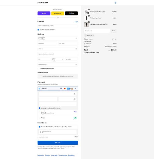 Eighth Day checkout page showing Eighth Day promo code box | Screenshot taken by SimplyCodes community member on Sep 4, 2025