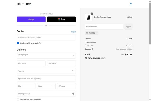 Eighth Day checkout page showing Eighth Day promo code box | Screenshot taken by SimplyCodes community member on Sep 4, 2025