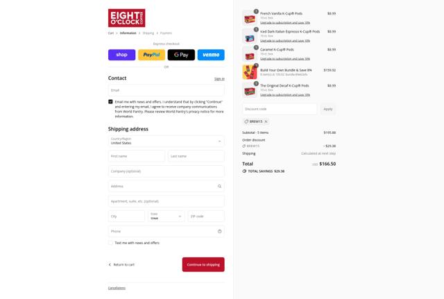 Eight O'Clock Coffee checkout page showing Eight O'Clock Coffee promo code box | Screenshot taken by SimplyCodes community member on Sep 12, 2025