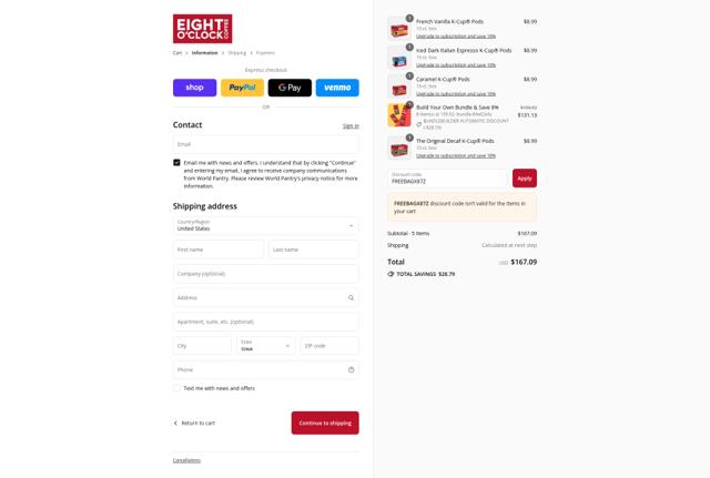 Eight O'Clock Coffee checkout page showing Eight O'Clock Coffee promo code box | Screenshot taken by SimplyCodes community member on Sep 16, 2025