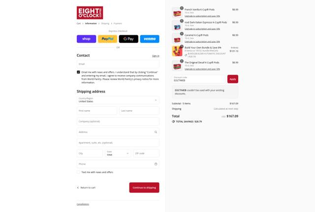 Eight O'Clock Coffee checkout page showing Eight O'Clock Coffee promo code box | Screenshot taken by SimplyCodes community member on Sep 16, 2025