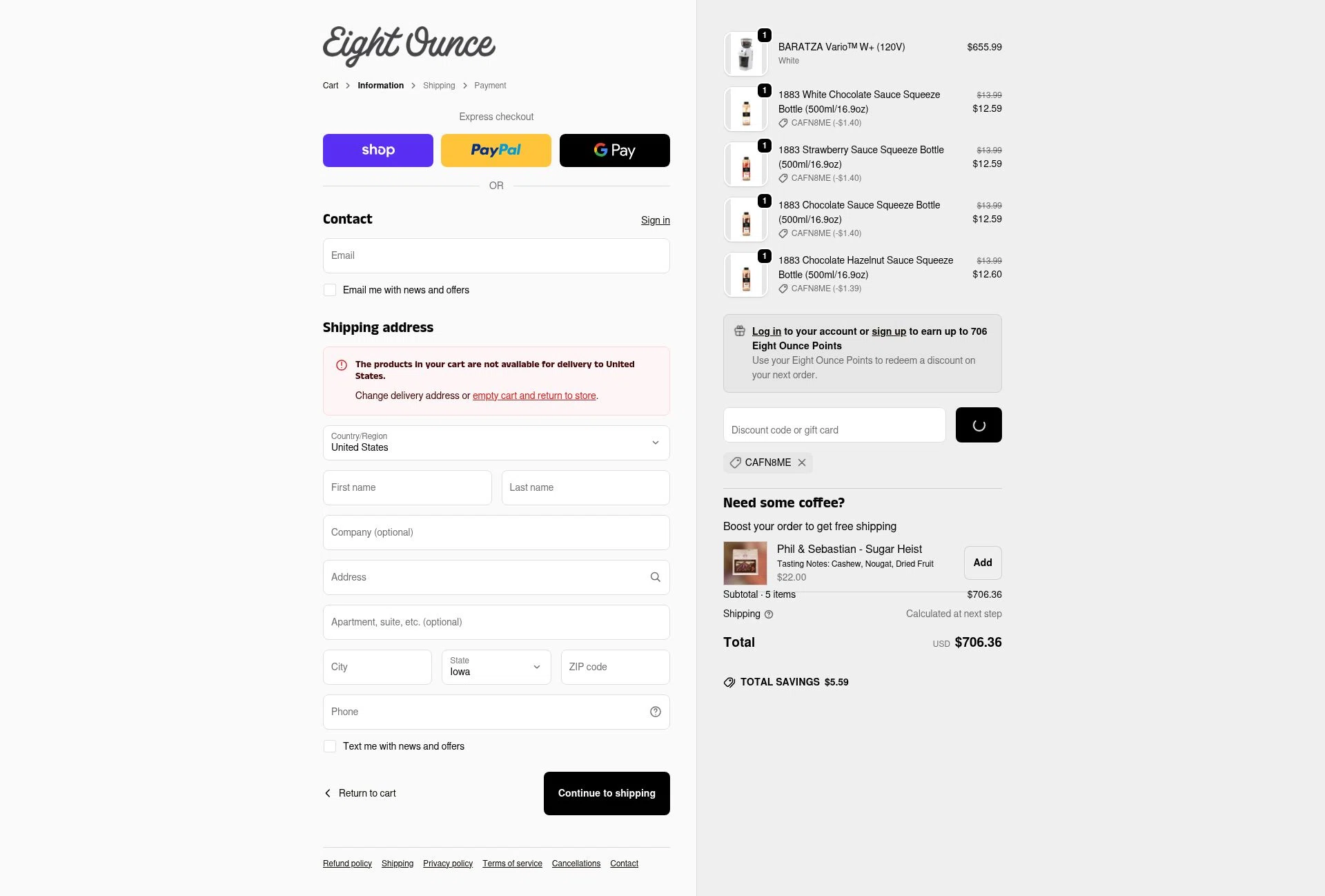 Eight Ounce Coffee checkout page showing Eight Ounce Coffee discount code box | Screenshot taken by SimplyCodes community member on Jan 23, 2026