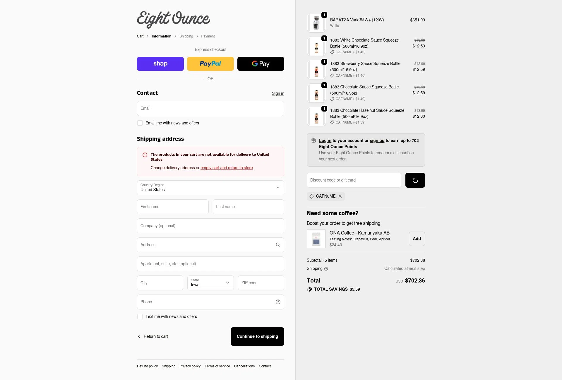 Eight Ounce Coffee checkout page showing Eight Ounce Coffee discount code box | Screenshot taken by SimplyCodes community member on Jan 13, 2026