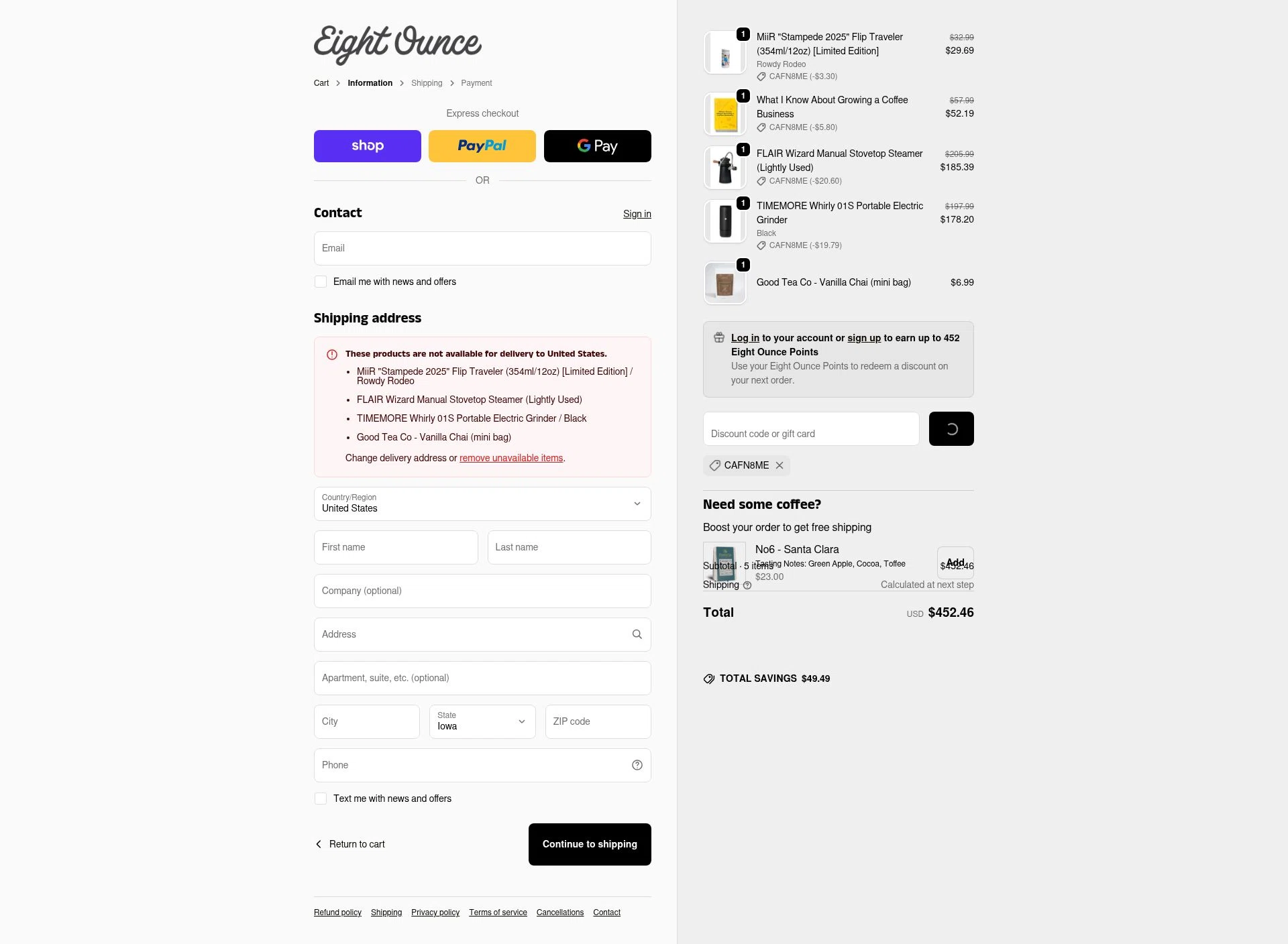 Eight Ounce Coffee checkout page showing Eight Ounce Coffee discount code box | Screenshot taken by SimplyCodes community member on Feb 5, 2026