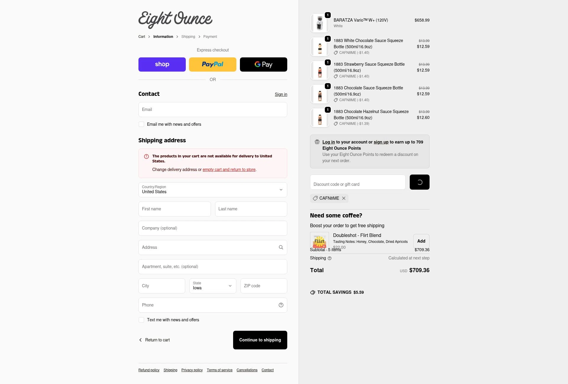 Eight Ounce Coffee checkout page showing Eight Ounce Coffee discount code box | Screenshot taken by SimplyCodes community member on Jan 3, 2026