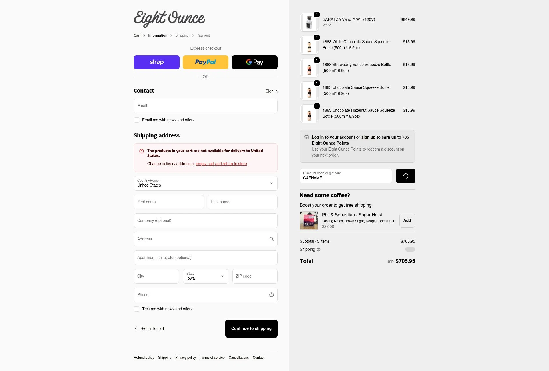 Eight Ounce Coffee checkout page showing Eight Ounce Coffee discount code box | Screenshot taken by SimplyCodes community member on Jan 18, 2026