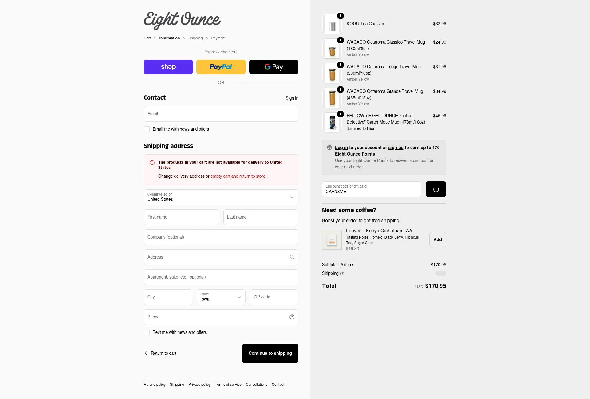 Eight Ounce Coffee checkout page showing Eight Ounce Coffee discount code box | Screenshot taken by SimplyCodes community member on Dec 24, 2025