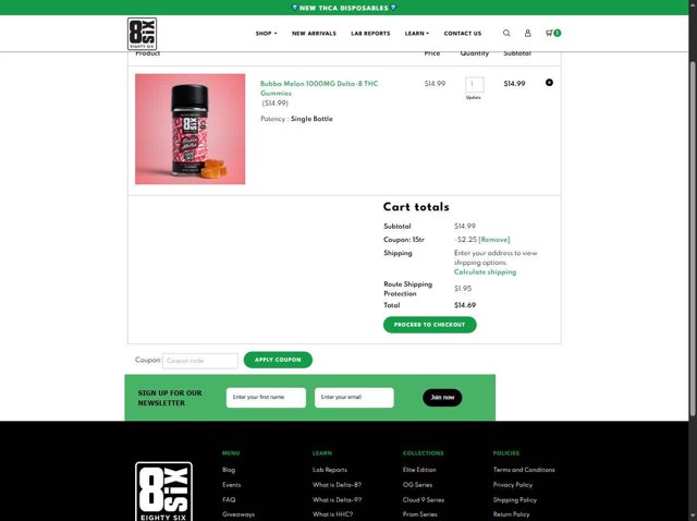 Eighty Six checkout page showing Eighty Six coupon code box | Screenshot taken by SimplyCodes community member on Sep 2, 2025