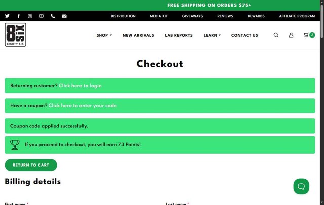 Eighty Six checkout page showing Eighty Six coupon code box | Screenshot taken by SimplyCodes community member on Aug 17, 2025
