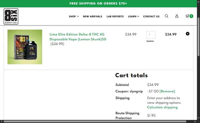 Eighty Six checkout page showing Eighty Six coupon code box | Screenshot taken by SimplyCodes community member on Aug 16, 2025