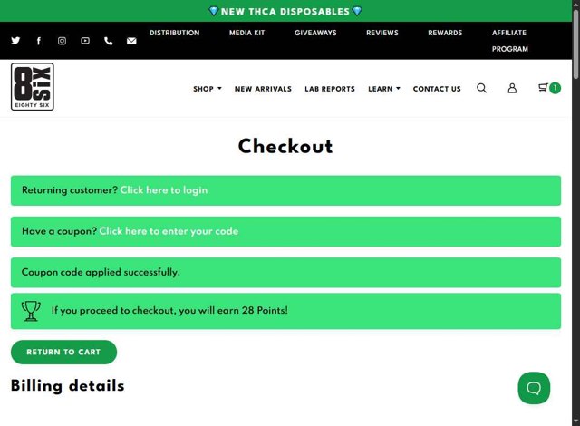 Eighty Six checkout page showing Eighty Six coupon code box | Screenshot taken by SimplyCodes community member on Aug 17, 2025