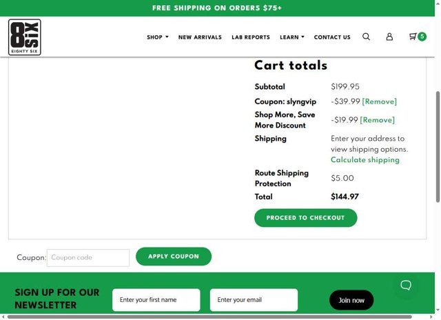 Eighty Six checkout page showing Eighty Six coupon code box | Screenshot taken by SimplyCodes community member on Aug 3, 2025