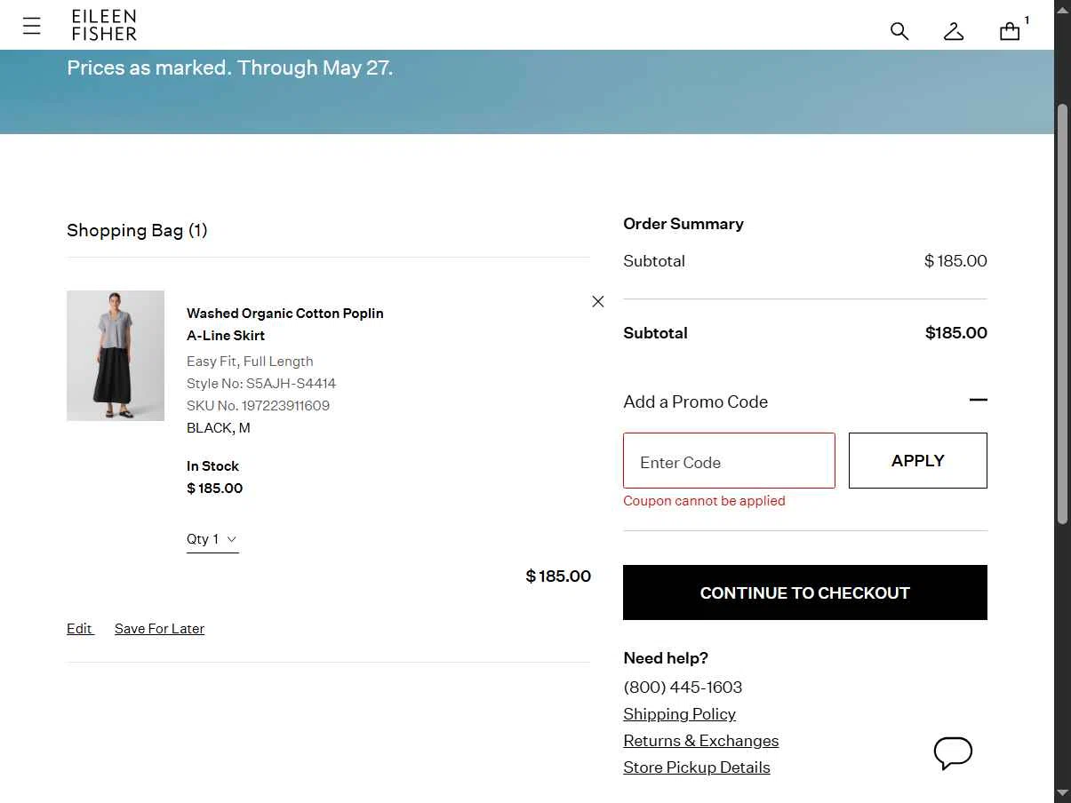Eileen Fisher checkout page showing Eileen Fisher promo code box | Screenshot taken by SimplyCodes community member on May 22, 2025