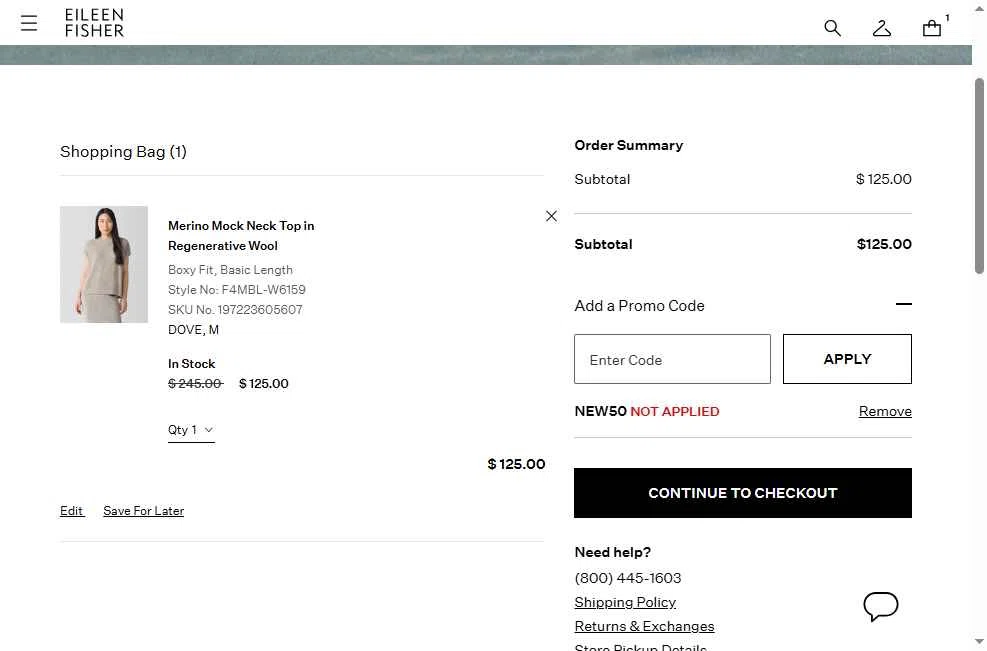 Eileen Fisher checkout page showing Eileen Fisher promo code box | Screenshot taken by SimplyCodes community member on Jul 20, 2025