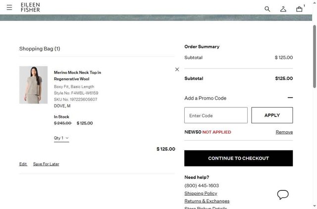 Eileen Fisher checkout page showing Eileen Fisher promo code box | Screenshot taken by SimplyCodes community member on Jul 20, 2025