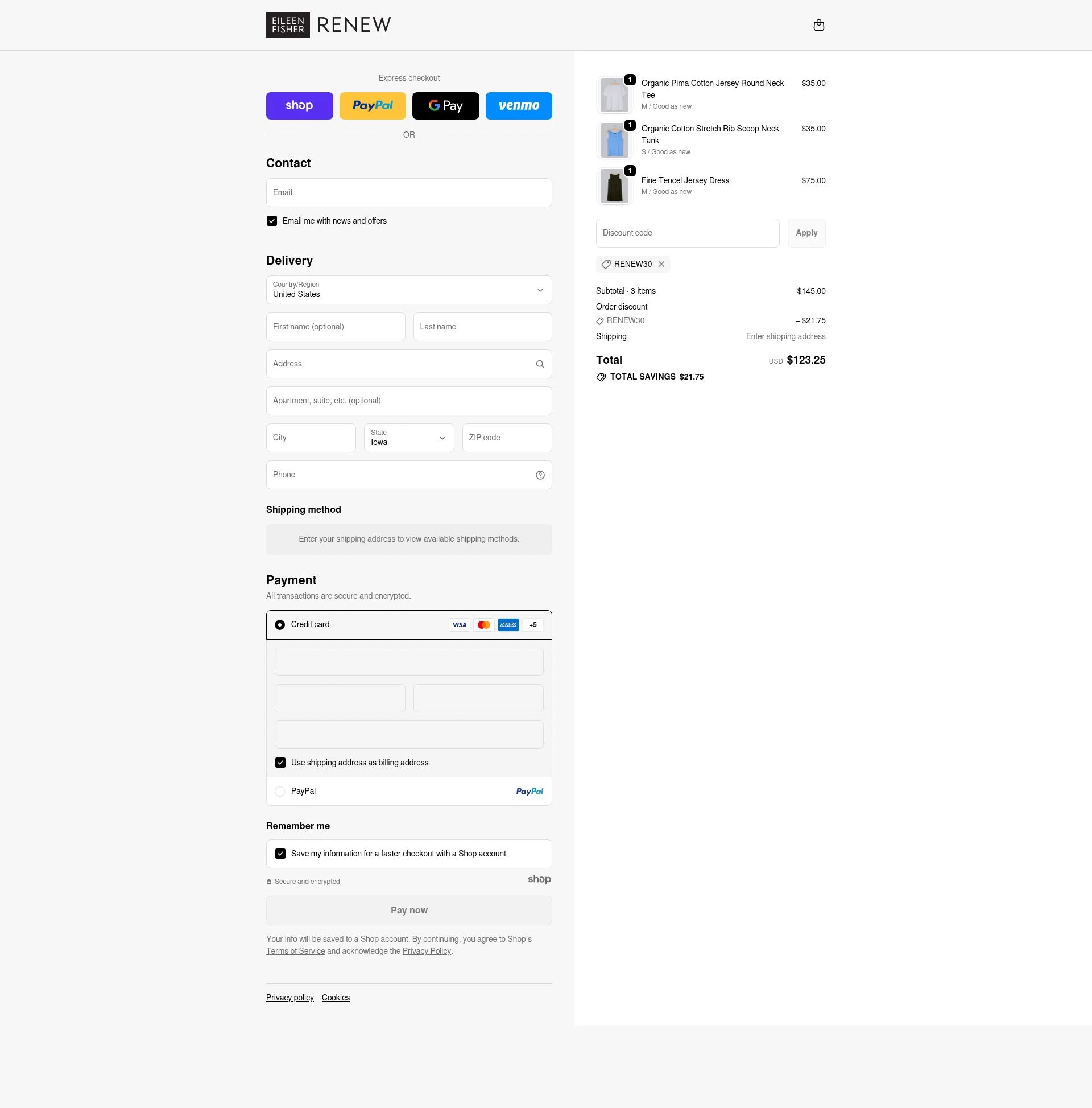 Eileen Fisher Renew checkout page showing Eileen Fisher Renew promo code box | Screenshot taken by SimplyCodes community member on Nov 19, 2025