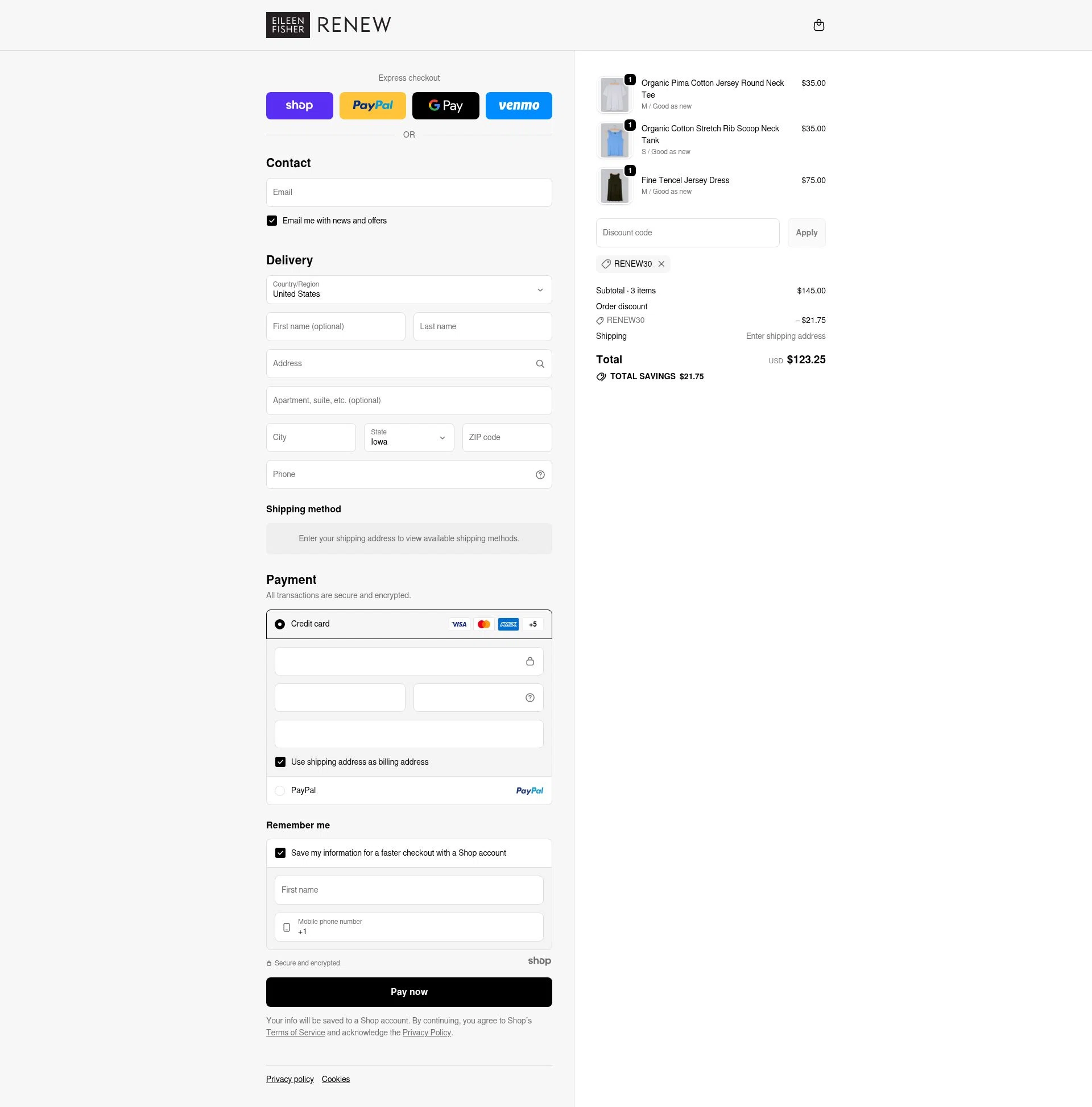 Eileen Fisher Renew checkout page showing Eileen Fisher Renew promo code box | Screenshot taken by SimplyCodes community member on Nov 9, 2025