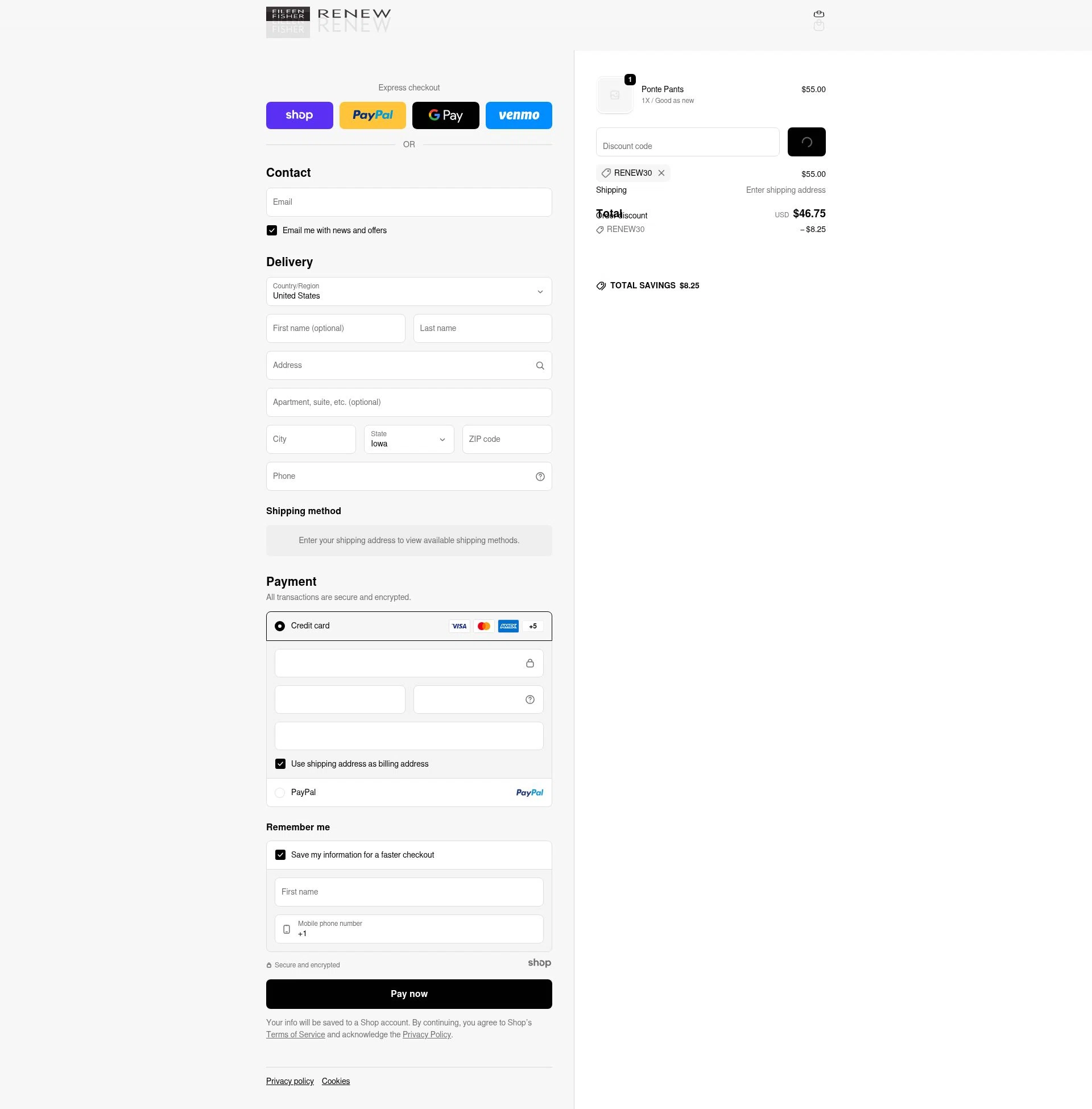 Eileen Fisher Renew checkout page showing Eileen Fisher Renew promo code box | Screenshot taken by SimplyCodes community member on Dec 28, 2025