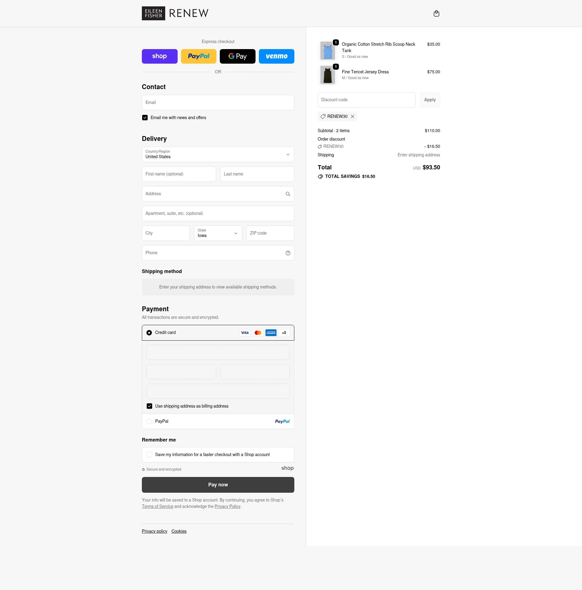 Eileen Fisher Renew checkout page showing Eileen Fisher Renew promo code box | Screenshot taken by SimplyCodes community member on Nov 24, 2025
