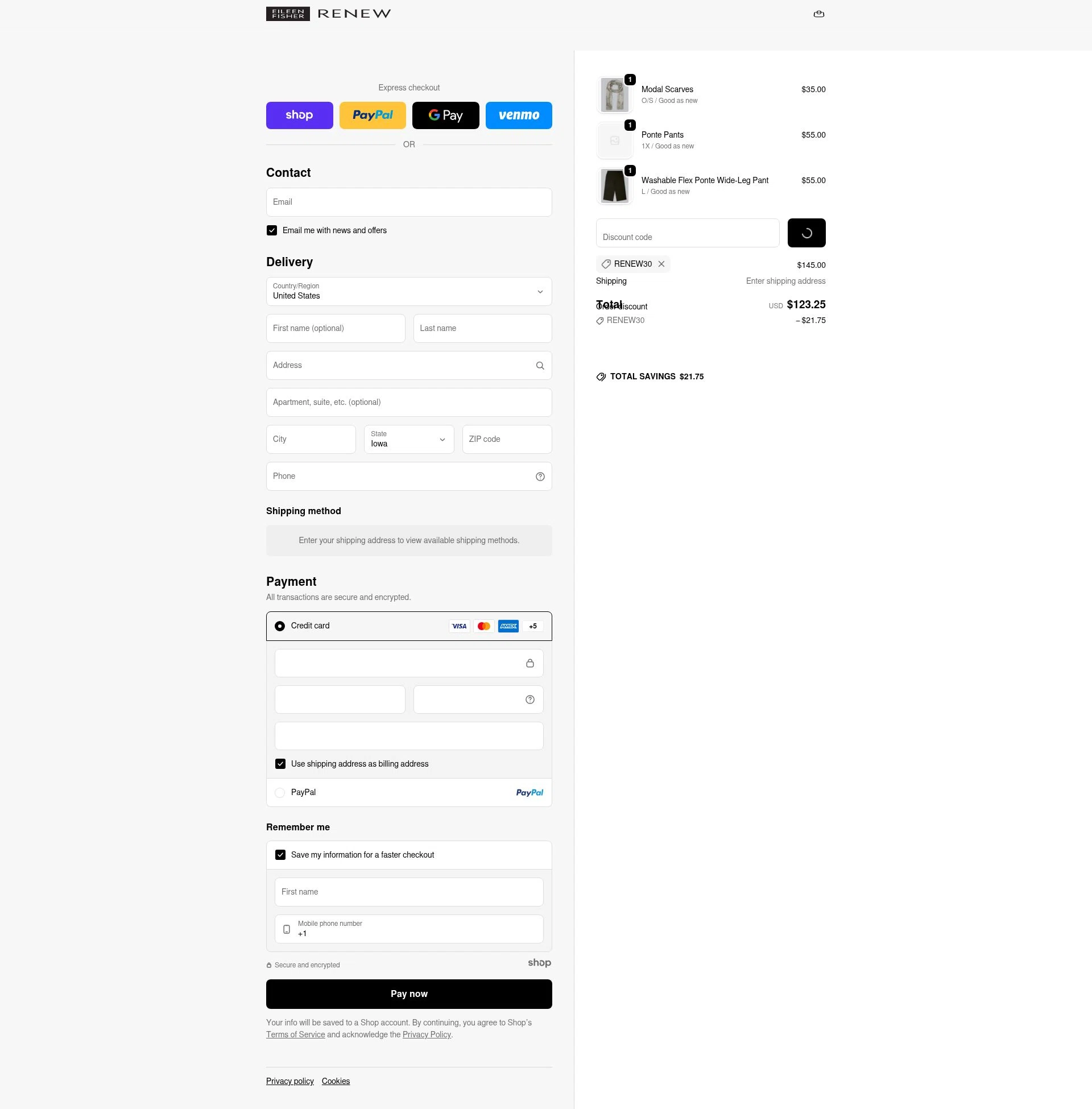 Eileen Fisher Renew checkout page showing Eileen Fisher Renew promo code box | Screenshot taken by SimplyCodes community member on Dec 23, 2025