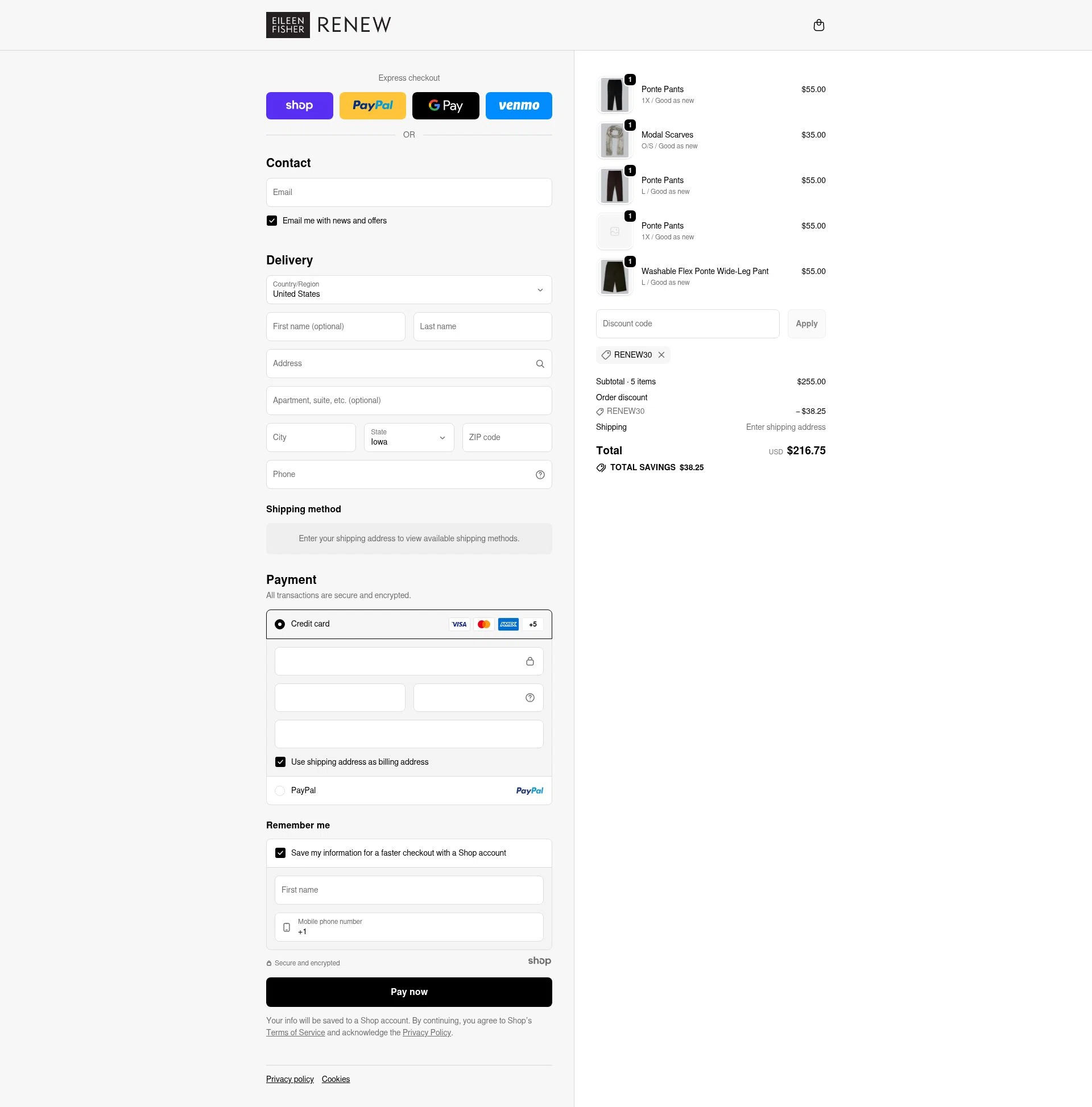 Eileen Fisher Renew checkout page showing Eileen Fisher Renew promo code box | Screenshot taken by SimplyCodes community member on Dec 5, 2025