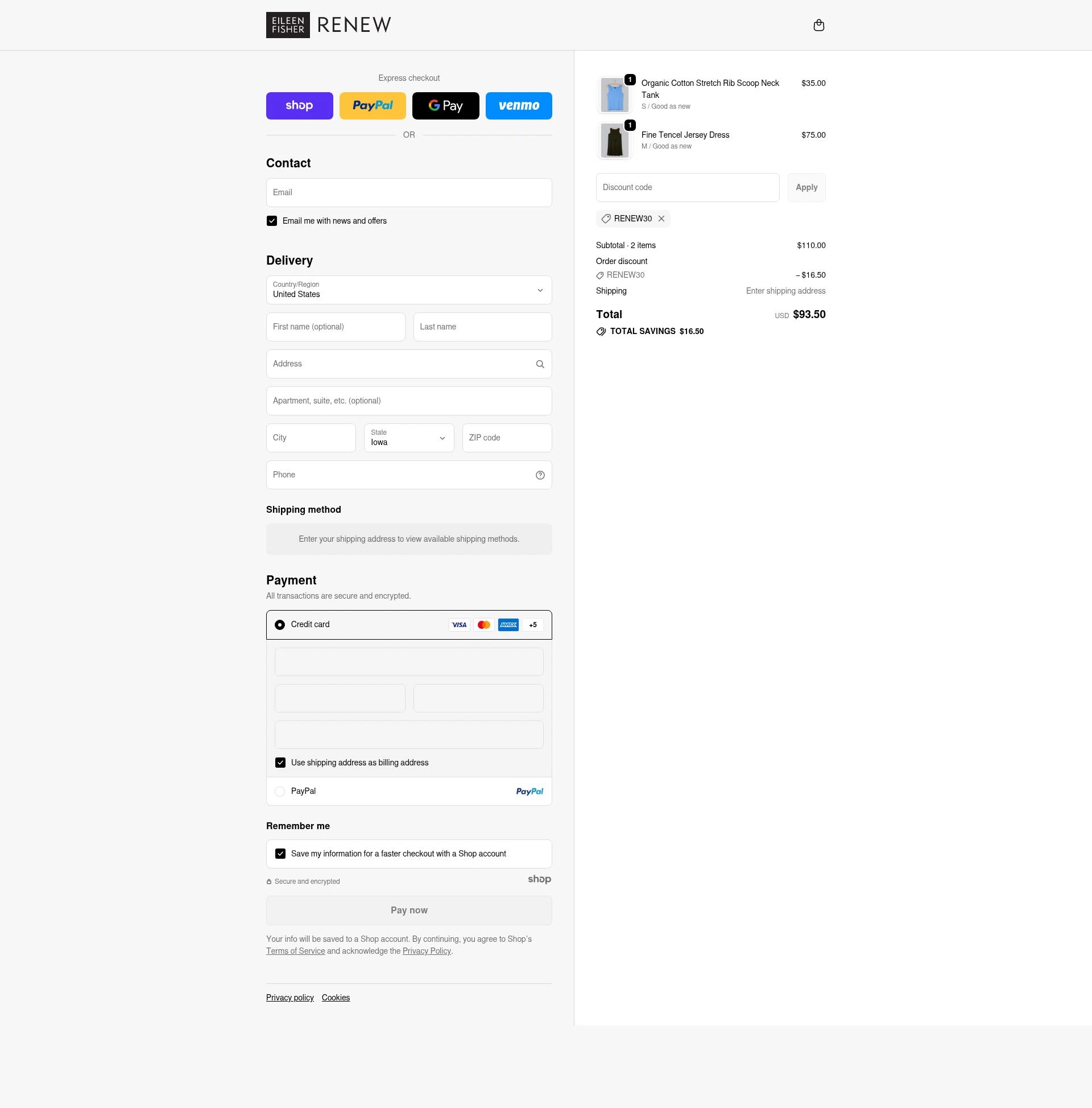 Eileen Fisher Renew checkout page showing Eileen Fisher Renew promo code box | Screenshot taken by SimplyCodes community member on Nov 29, 2025