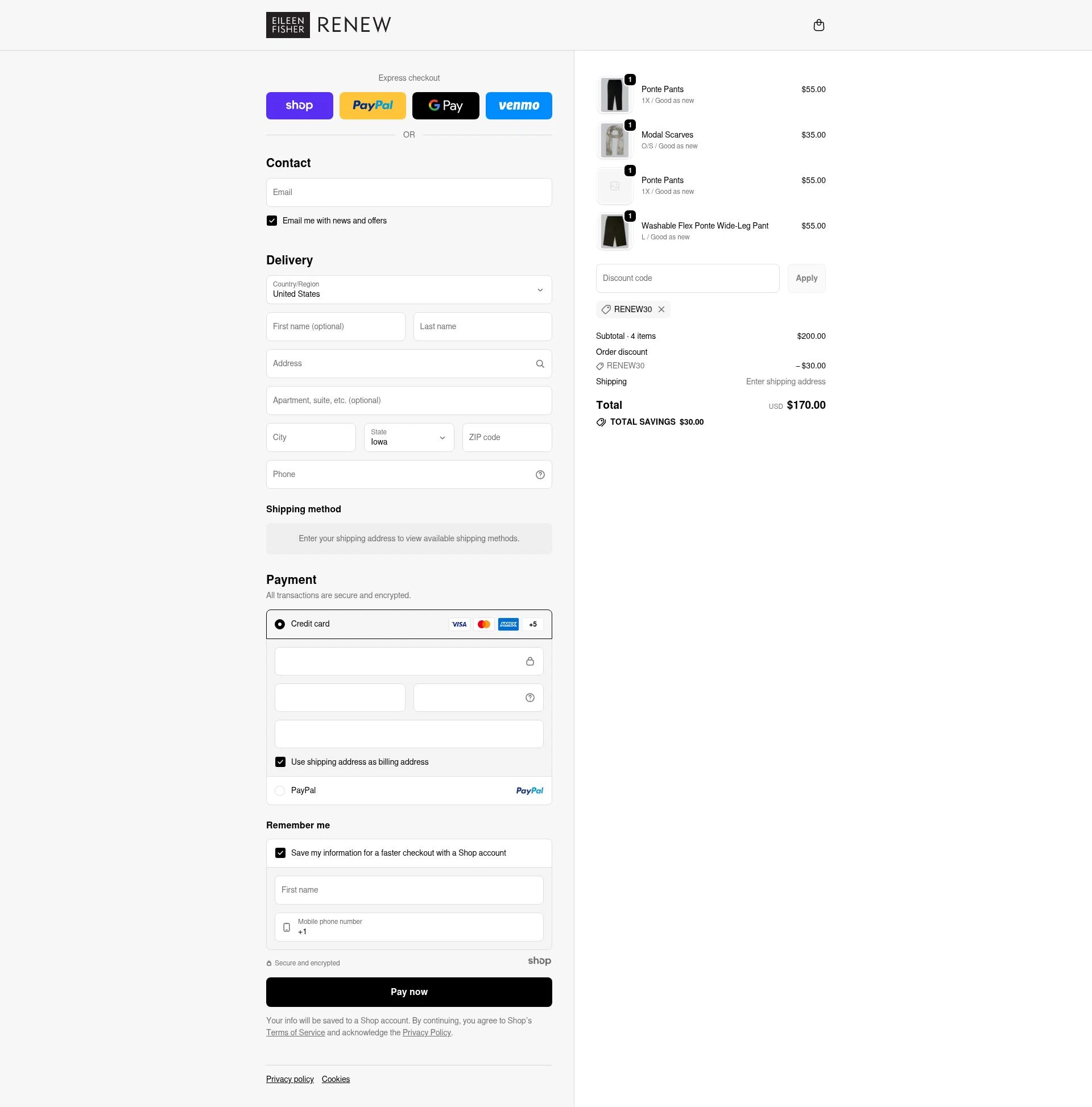 Eileen Fisher Renew checkout page showing Eileen Fisher Renew promo code box | Screenshot taken by SimplyCodes community member on Dec 10, 2025