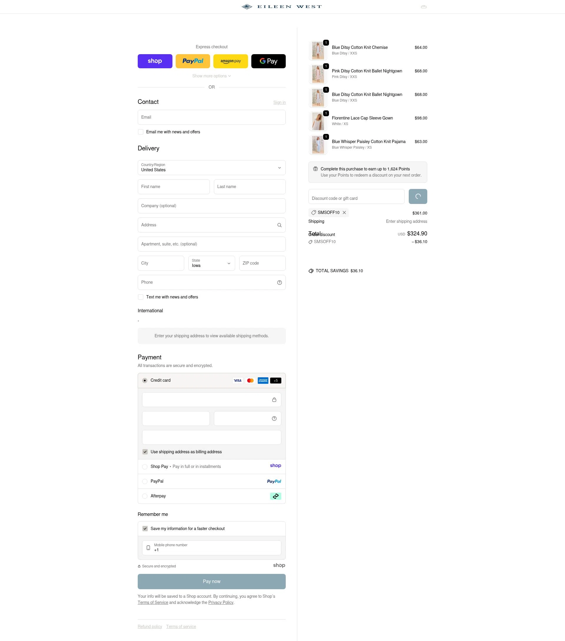 Eileen West checkout page showing Eileen West coupon code box | Screenshot taken by SimplyCodes community member on Dec 20, 2025