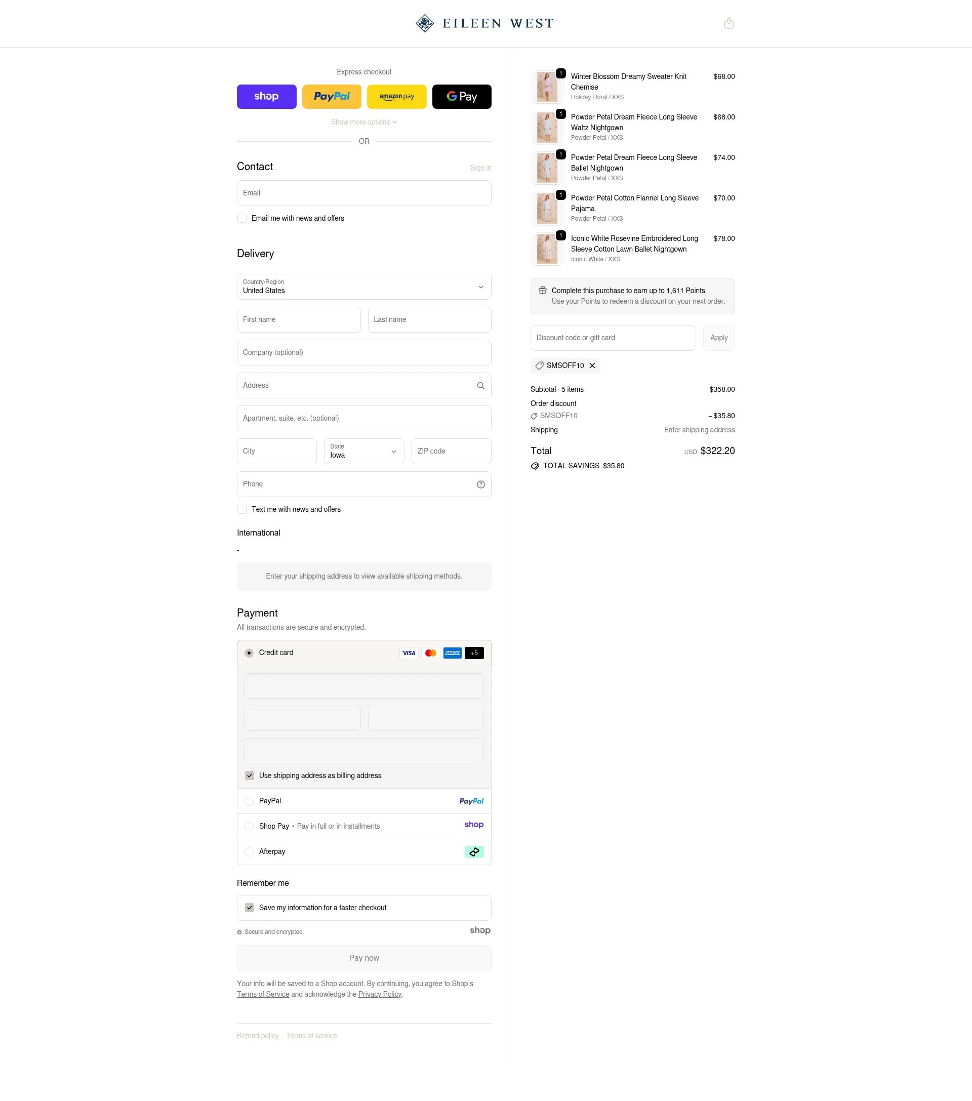 Eileen West checkout page showing Eileen West coupon code box | Screenshot taken by SimplyCodes community member on Dec 13, 2025