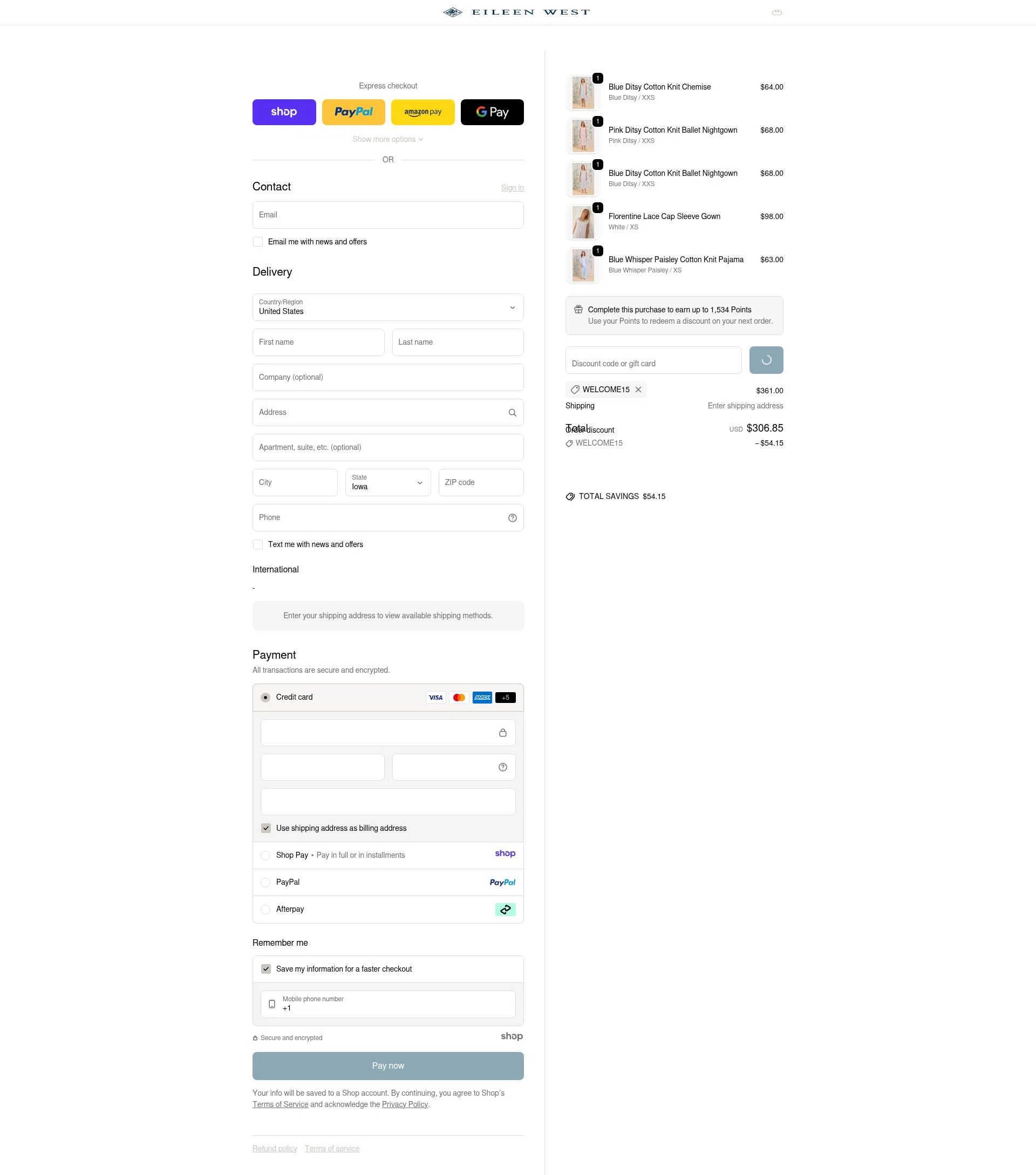 Eileen West checkout page showing Eileen West coupon code box | Screenshot taken by SimplyCodes community member on Dec 25, 2025