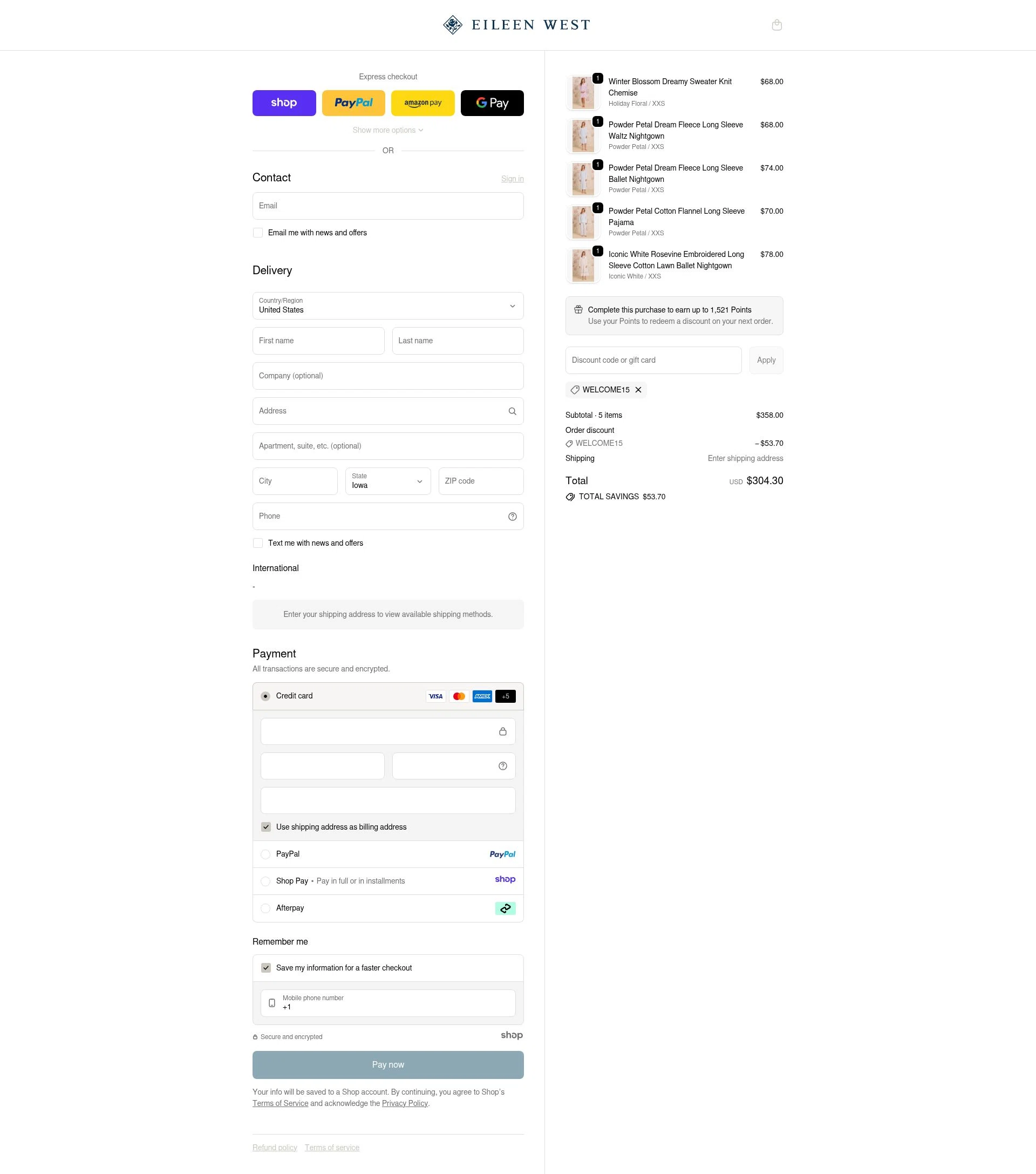 Eileen West checkout page showing Eileen West coupon code box | Screenshot taken by SimplyCodes community member on Dec 13, 2025