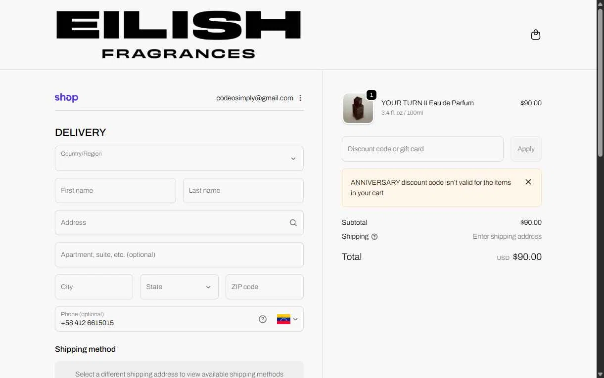 Billie Eilish Fragrances checkout page showing Billie Eilish Fragrances discount code box | Screenshot taken by SimplyCodes community member on Feb 10, 2026