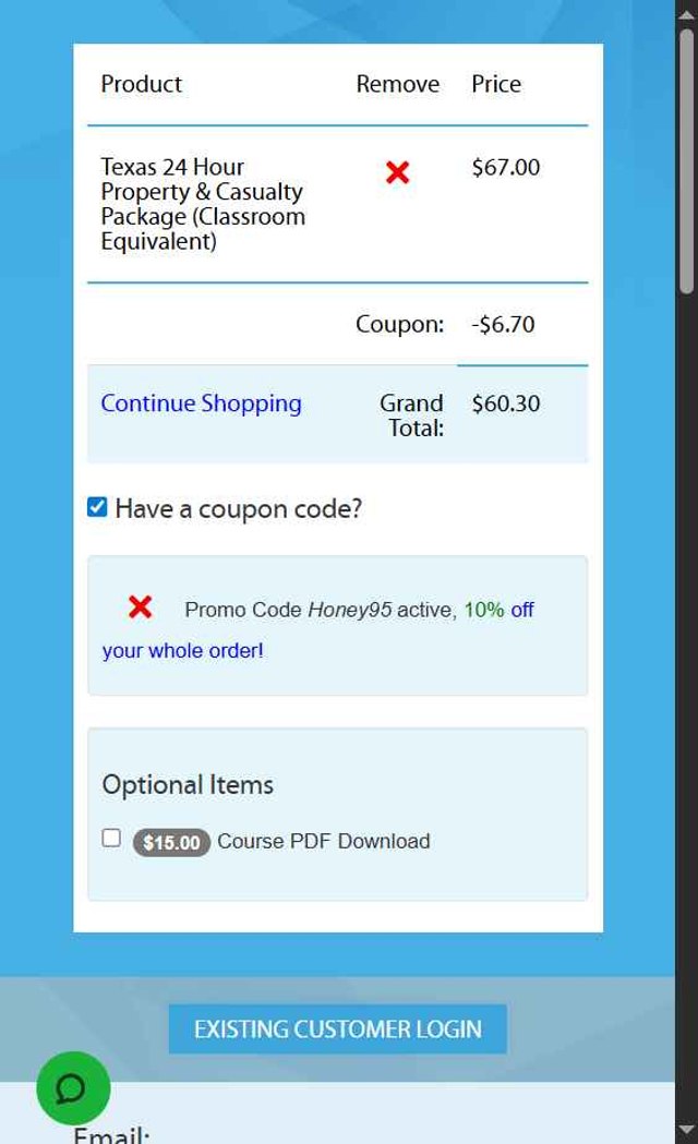 EInsurance Training checkout page showing EInsurance Training coupon code box | Screenshot taken by SimplyCodes community member on Jul 31, 2025