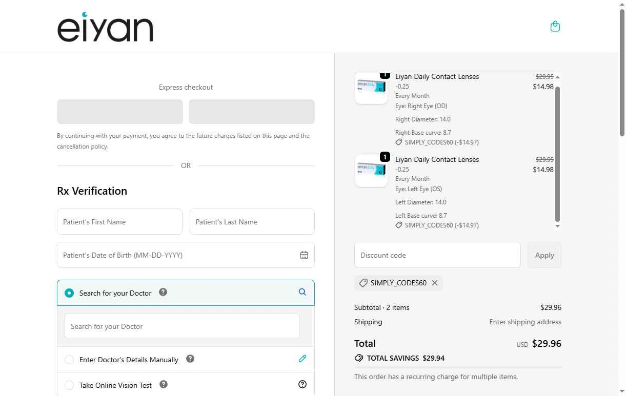 Eiyan Lens checkout page showing Eiyan Lens promo code box | Screenshot taken by SimplyCodes community member on Dec 19, 2025