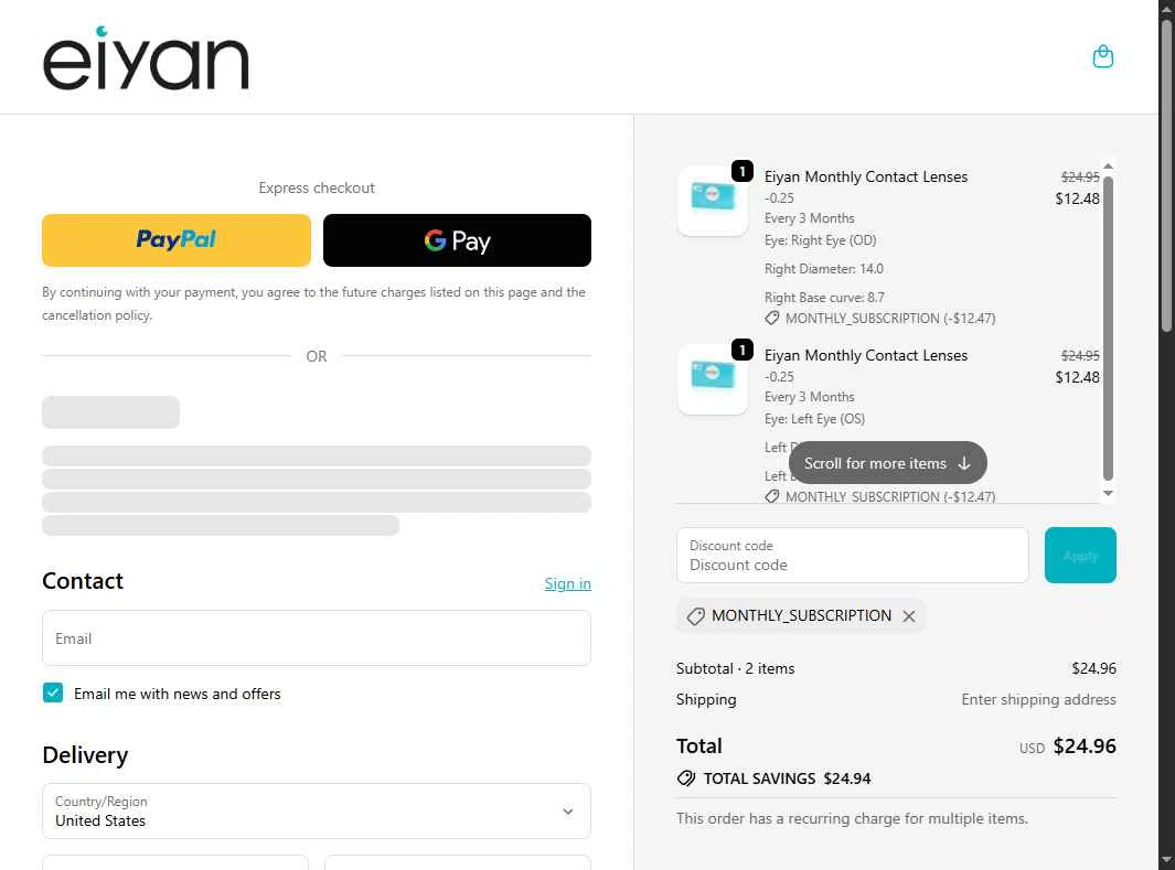 Eiyan Lens checkout page showing Eiyan Lens promo code box | Screenshot taken by SimplyCodes community member on Jan 3, 2026