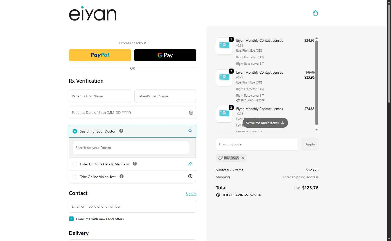 Eiyan Lens checkout page showing Eiyan Lens promo code box | Screenshot taken by SimplyCodes community member on Dec 24, 2025