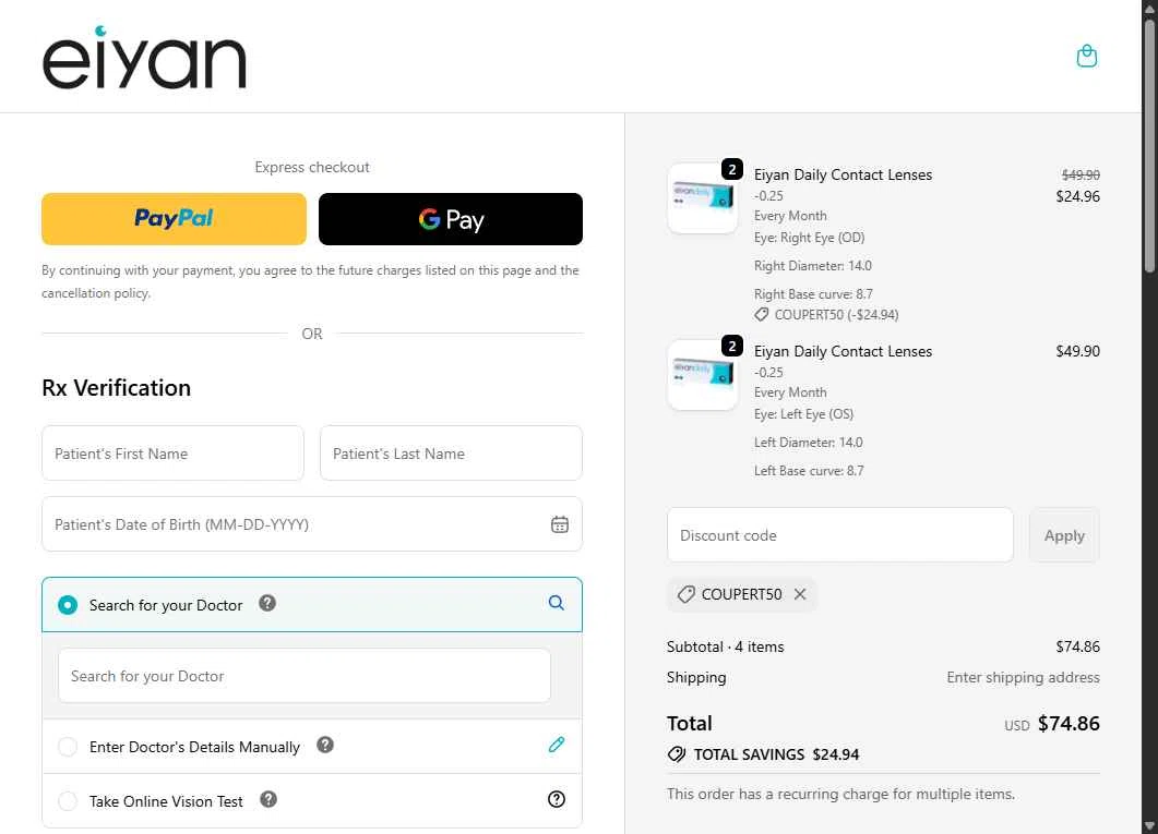 Eiyan Lens checkout page showing Eiyan Lens promo code box | Screenshot taken by SimplyCodes community member on Nov 28, 2025