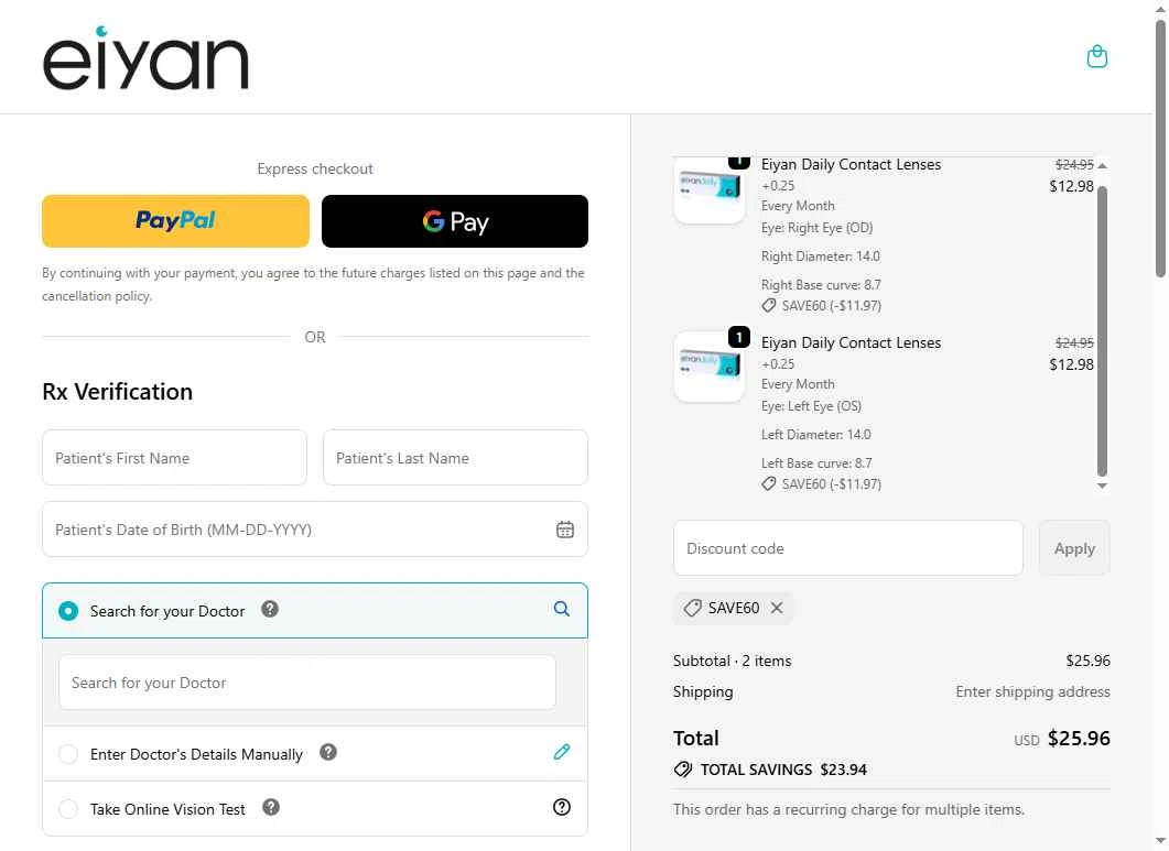 Eiyan Lens checkout page showing Eiyan Lens promo code box | Screenshot taken by SimplyCodes community member on Dec 14, 2025