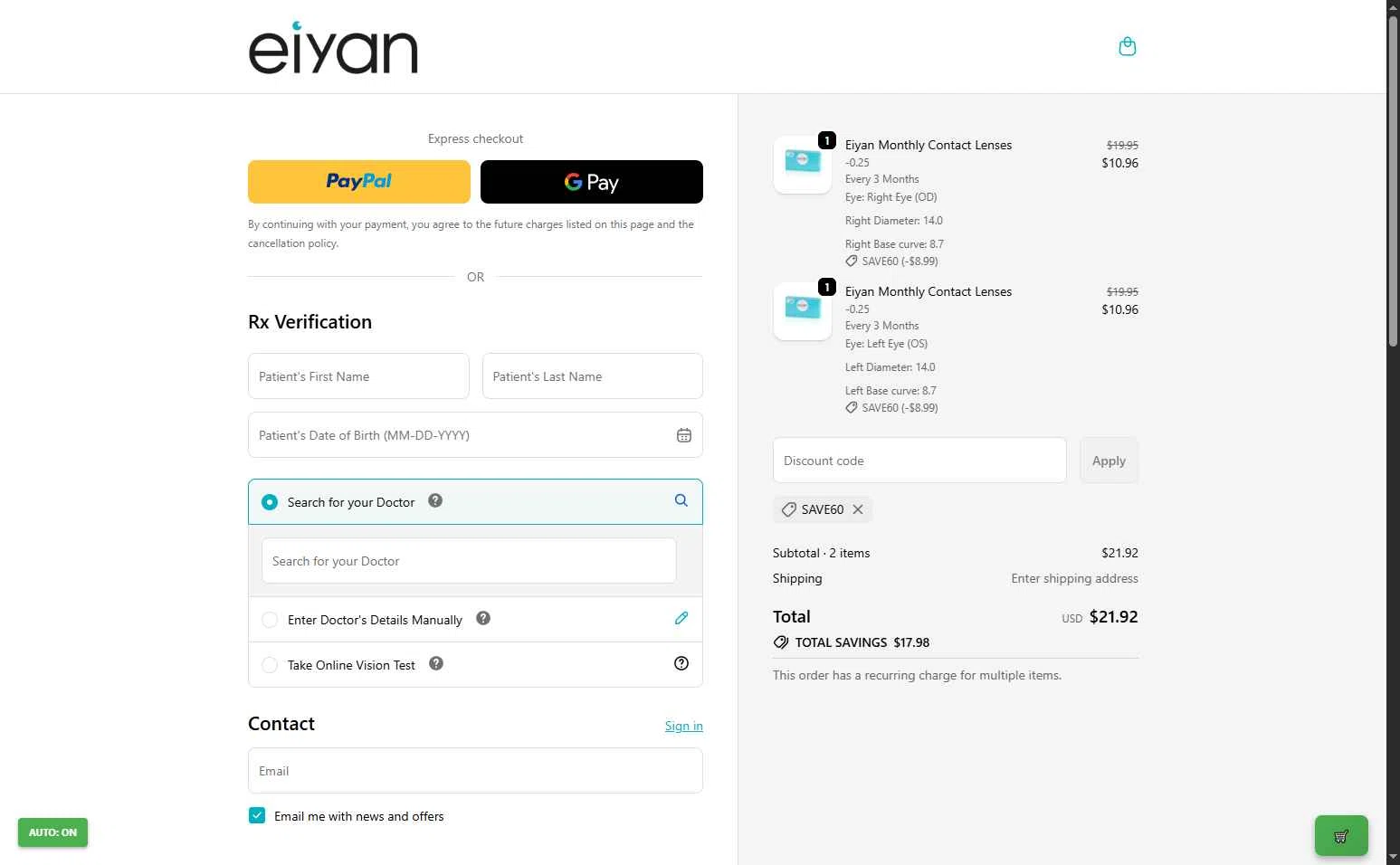 Eiyan Lens checkout page showing Eiyan Lens promo code box | Screenshot taken by SimplyCodes community member on Nov 15, 2025