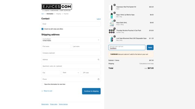 eJuices.com checkout page showing eJuices.com discount code box | Screenshot taken by SimplyCodes community member on Apr 8, 2025
