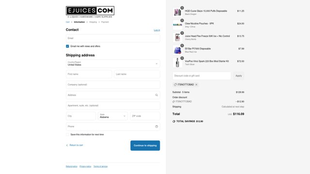 eJuices.com checkout page showing eJuices.com discount code box | Screenshot taken by SimplyCodes community member on May 3, 2025