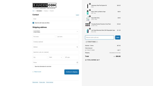 eJuices.com checkout page showing eJuices.com discount code box | Screenshot taken by SimplyCodes community member on Apr 8, 2025