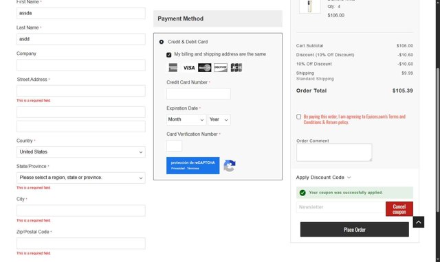 eJuices.com checkout page showing eJuices.com discount code box | Screenshot taken by SimplyCodes community member on Jul 5, 2025