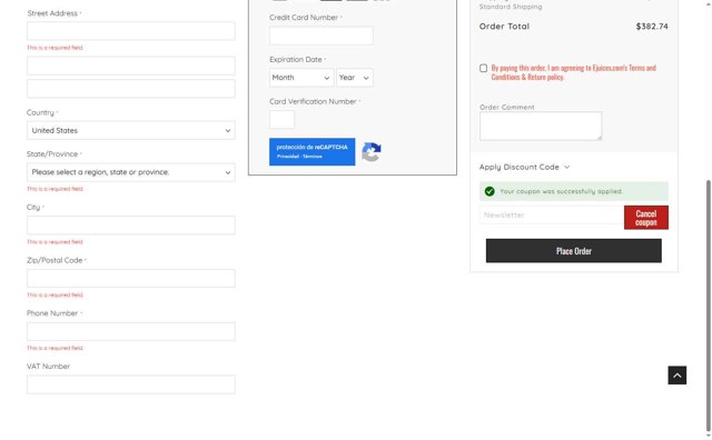eJuices.com checkout page showing eJuices.com discount code box | Screenshot taken by SimplyCodes community member on Jul 17, 2025