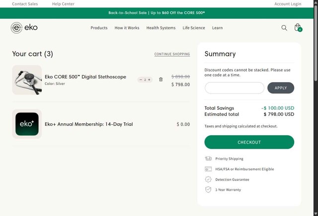 Eko Health checkout page showing Eko Health discount code box | Screenshot taken by SimplyCodes community member on Aug 23, 2025
