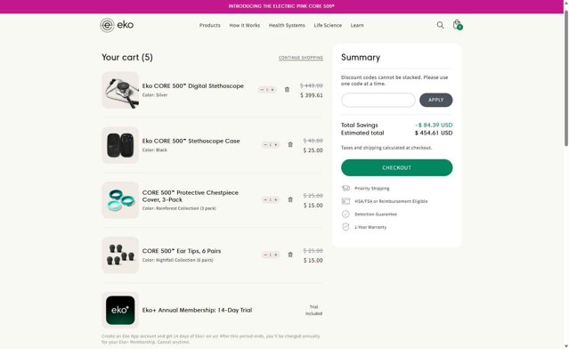 Eko Health checkout page showing Eko Health discount code box | Screenshot taken by SimplyCodes community member on Sep 1, 2025