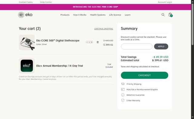 Eko Health checkout page showing Eko Health discount code box | Screenshot taken by SimplyCodes community member on Aug 29, 2025